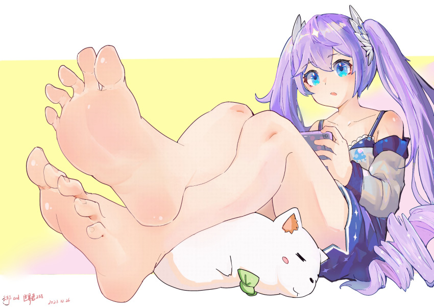 1girl a-soul aqua_eyes ava_(a-soul) barefoot blue_eyes feet handheld_game_console highres light_purple_hair long_hair parted_lips soles toes twintails un_ke_yukiovo virtual_youtuber