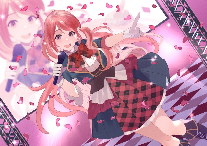 1girl alternate_costume ascot blue_dress bow commission corset dress eyebrows_hidden_by_hair gloves head_tilt highres holding holding_microphone idol_clothes indie_virtual_youtuber looking_at_viewer microphone music nina_saotome open_mouth pink_hair pointing purple_eyes red_bow singing skeb_commission smile solo sonica stage virtual_youtuber white_ascot white_gloves