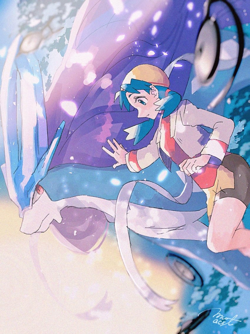 1girl bike_shorts blue_eyes blue_hair blurry clenched_hand commentary creatures_(company) cropped_jacket game_freak gen_2_pokemon hair_tie hanenbo highres jacket kris_(pokemon) legendary_pokemon long_hair long_sleeves nintendo parted_lips pokemon pokemon_(creature) pokemon_gsc signature suicune twintails unown unown_a unown_d unown_o white_jacket yellow_headwear