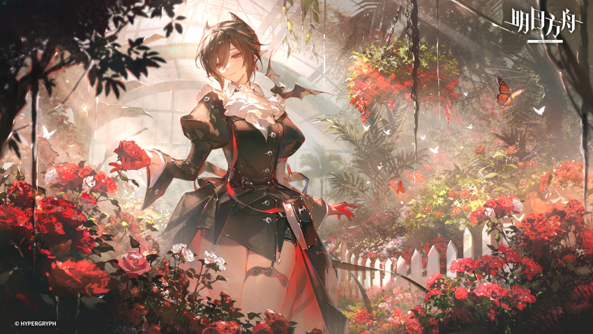 1girl arknights ascot bat_(animal) black_coat brown_hair bug butterfly chinese_commentary coat commentary_request copyright_name copyright_notice earrings entelechia_(arknights) flower garden gloves highres holding holding_flower insect jewelry juliet_sleeves leaf long_sleeves official_art plant pointy_ears puffy_sleeves red_eyes red_flower red_gloves red_rose renjian_shilian rose shorts solo thigh_strap white_ascot