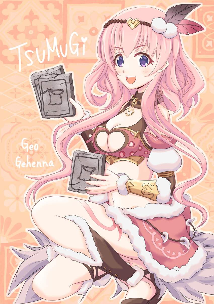 1girl absurdres breast_cutout character_name crop_top fur-trimmed_bracer fur-trimmed_skirt fur_trim gold_vambraces heart_collar highres holding_stone_tablet long_hair looking_at_viewer nattsu_(nattsu_shiro) on_one_knee open_mouth pink_hair princess_connect! purple_eyes sidelocks skirt solo stone_tablet teeth tsumugi_(geo_gehenna)_(princess_connect!) tsumugi_(princess_connect!) upper_teeth_only