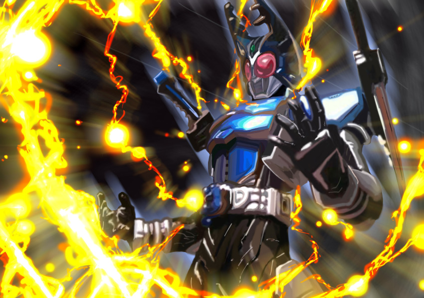 1boy belt bodysuit electricity gauntlets goggles helmet highres kamen_rider kamen_rider_gatack machinery male_focus pauchi skin_tight solo upper_body