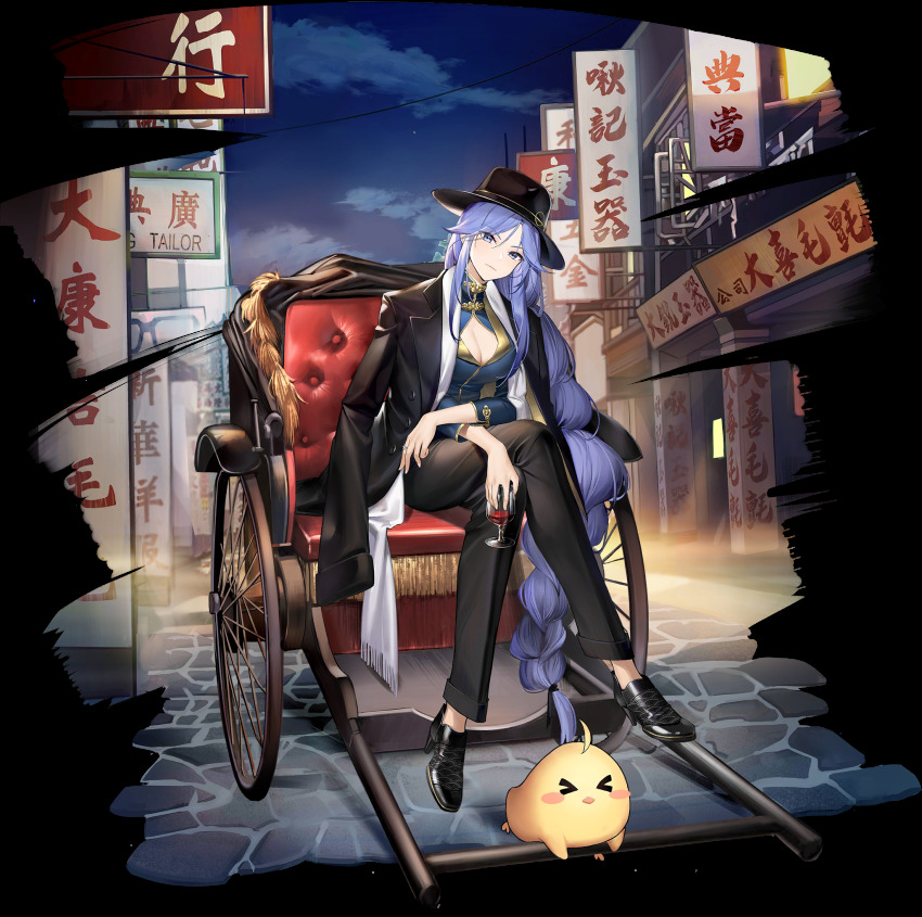 1girl alcohol artist_request azur_lane biloxi_(azur_lane) biloxi_(dapper_gangstress)_(azur_lane) black_footwear blue_eyes blue_hair braid breasts cleavage closed_mouth cup drinking_glass female_focus high_heels highres holding holding_cup large_breasts long_hair looking_at_viewer manjuu_(azur_lane) official_alternate_costume official_art smile solo transparent_background very_long_hair wine wine_glass