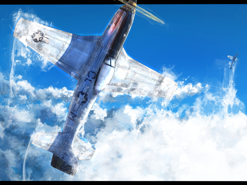 aircraft airplane cloud day escort_fighter highres karo-chan military military_vehicle no_humans original p-51_mustang propeller_fighter sky vehicle_focus world_war_ii