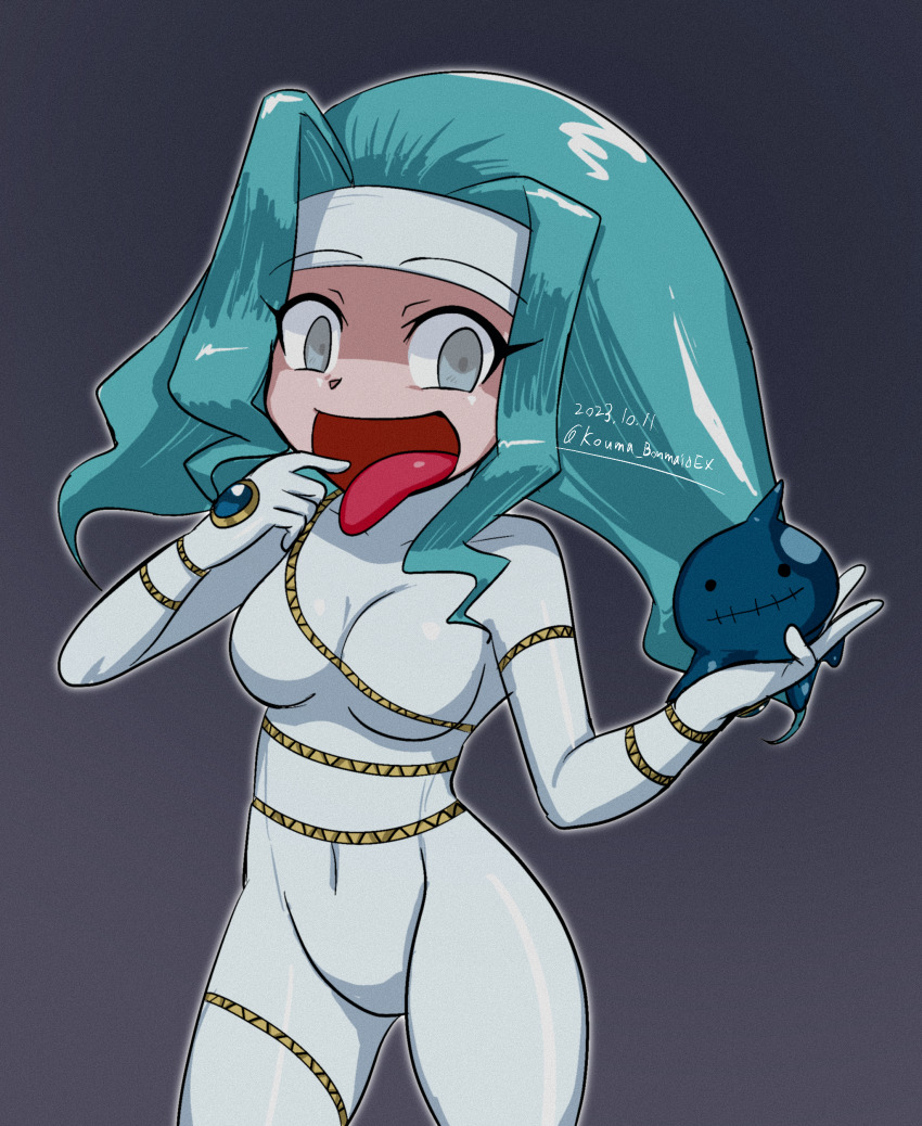 1girl absurdres blue_eyes bodysuit breasts cosplay curvy dated digimon digimon_xros_wars drippin_(digimon) duplicate elbow_gloves female_focus gloves happy heart highres kouma_bonmaid looking_at_viewer medium_breasts naughty_face open_mouth ruka_(digimon) shiny_clothes smile solo splashmon splashmon_(cosplay) tight_clothes tongue tongue_out