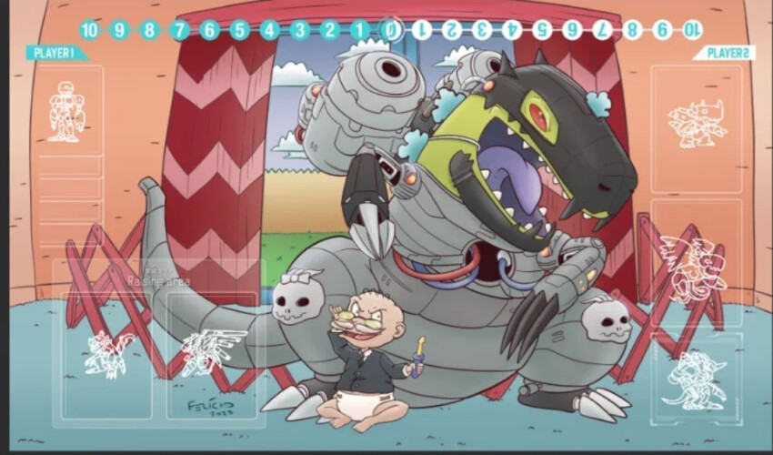 andromon cannon chaosdramon claws cosplay crossover digimon digimon_card_game formal_clothes gigadramon megadramon metalgreymon metalgreymon_(virus) metaltyranomon mugendramon playmat reptar rugrats sharp_teeth skull suit tail teeth