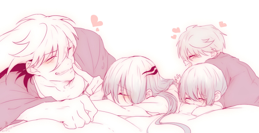 2boys 2girls bad_id bad_pixiv_id blush child closed_eyes closed_mouth eyes_visible_through_hair family father_and_daughter father_and_son finger_to_mouth hair_between_eyes if_they_mated japanese_clothes kasugaya_yuki kimono long_hair long_sleeves lying monochrome mother_and_daughter mother_and_son multicolored_hair multiple_boys multiple_girls nura_rikuo nurarihyon_no_mago oikawa_tsurara on_bed on_stomach open_mouth patterned patterned_hair short_hair shushing simple_background sleeping smile two-tone_hair very_long_hair yuki_onna_(nurarihyon_no_mago)
