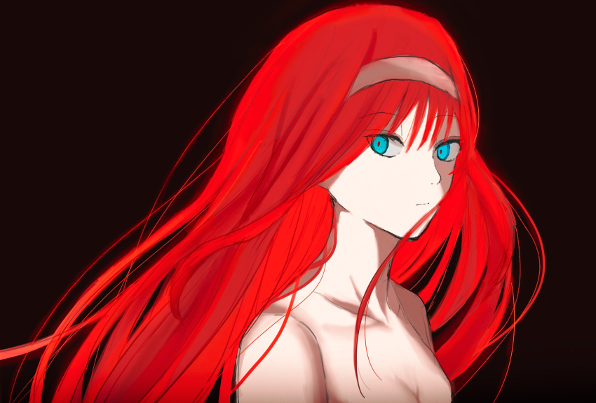 1girl black_background blue_eyes breasts cleavage collarbone expressionless highres long_hair looking_at_viewer nude pikaremon red_hair small_breasts solo tohno_akiha tohno_akiha tsukihime upper_body vermillion_akiha