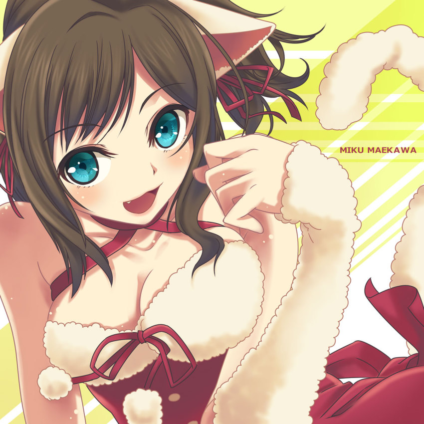 10s 1girl animal_ears breasts brown_hair cat_ears cleavage fang female_focus green_eyes highres idolmaster idolmaster_cinderella_girls maekawa_miku shirousagi_una short_hair solo