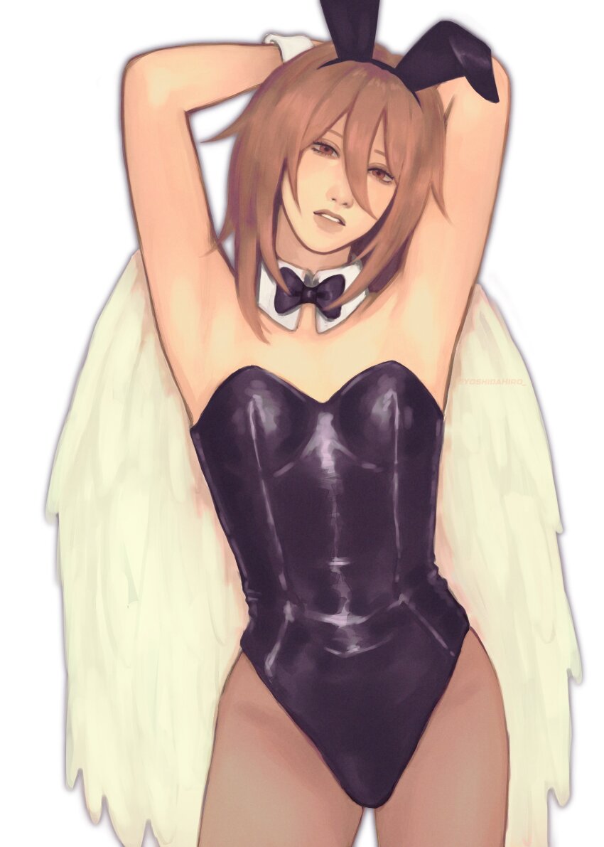 1boy absurdres androgynous angel_devil_(chainsaw_man) angel_wings animal_ears black_bow black_bowtie black_leotard bow bowtie brown_hair chainsaw_man cowboy_shot detached_collar fake_animal_ears hair_between_eyes highres leotard male_focus male_playboy_bunny medium_hair off-shoulder_leotard parted_lips rabbit_ears simple_background solo white_background wings wrist_cuffs yoshidahiro