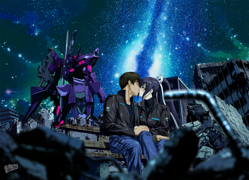 1boy 1girl artist_name black_hair black_jacket blue_eyes blue_hair blue_pants closed_eyes crying hair_behind_ear hetero highres jacket kiss long_hair mecha mitsurugi_meiya muv-luv muv-luv_alternative muv-luv_alternative_(anime) pants ponytail popgun_(22882502) robot ruins shirogane_takeru sky star_(sky) starry_sky tactical_surface_fighter type_00_takemikazuchi