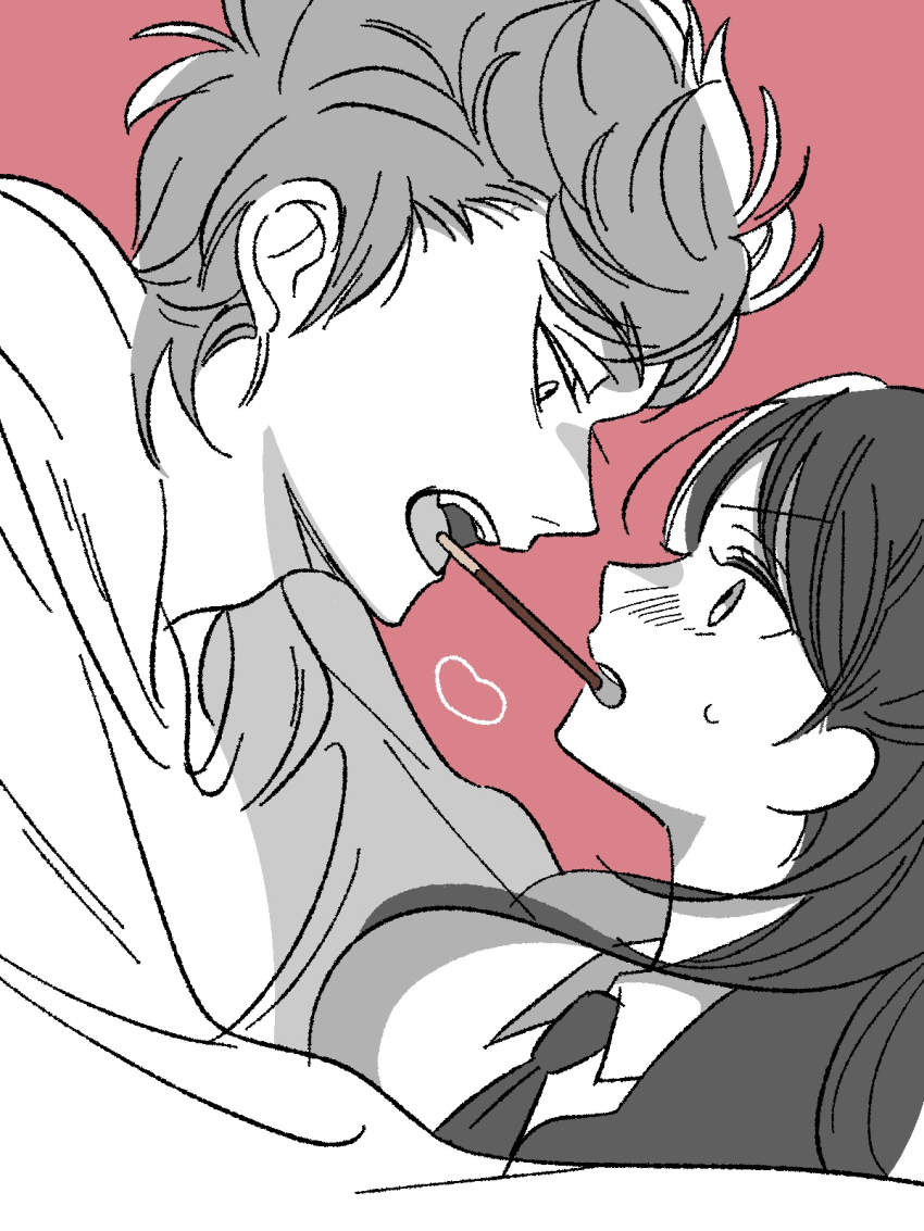 1boy 1girl blush eye_contact greyscale_with_colored_background hetero highres incoming_pocky_kiss long_hair looking_at_another miyao_nemu open_mouth pink_background upper_body witch_watch wolf_(witch_watch) yoshitaka_(palooo)