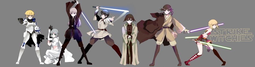 6+girls absurdres ahsoka_tano_(cosplay) anakin_skywalker anakin_skywalker_(cosplay) bad_id bad_pixiv_id black_hair blonde_hair blue_eyes brown_hair captain_rex captain_rex_(cosplay) cloak clone_trooper cosplay crossover eila_ilmatar_juutilainen energy_sword erica_hartmann gertrud_barkhorn glasses green_eyes gun helmet highres lightsaber long_hair long_image mace_windu mace_windu_(cosplay) midriff miyafuji_yoshika multiple_girls obi-wan_kenobi obi-wan_kenobi_(cosplay) padme_amidala_(cosplay) perrine_h._clostermann purple_eyes purple_hair rex_(star_wars)_(cosplay) sakamoto_mio sanya_v._litvyak short_hair silver_hair staff star_wars stormtrooper strike_witches sword weapon wide_image world_witches_series yatsuhashi_kakera yellow_eyes yoda_(cosplay)