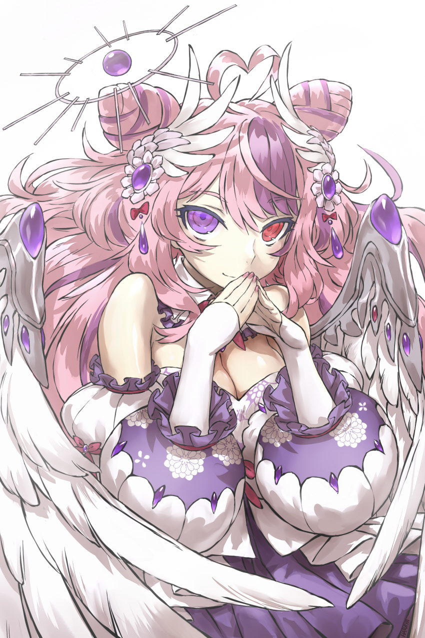 1girl ahoge angel angel_wings bare_shoulders breasts bridal_gauntlets cleavage closed_mouth collar detached_collar detached_sleeves double_bun dress frilled_collar frilled_dress frills gem gloves hair_between_eyes hair_bun hair_ornament halo haraya_manawari heart heart_ahoge heterochromia highres ironmouse ironmouse_(fallen_angel) jewelry large_breasts looking_at_viewer multicolored_hair nail_polish official_alternate_costume own_hands_together pink_hair puffy_sleeves purple_dress purple_eyes purple_hair red_eyes signature simple_background smile solo steepled_fingers two-tone_dress two-tone_hair upper_body virtual_youtuber vshojo white_background white_dress white_gloves wing_armor wing_hair_ornament wings