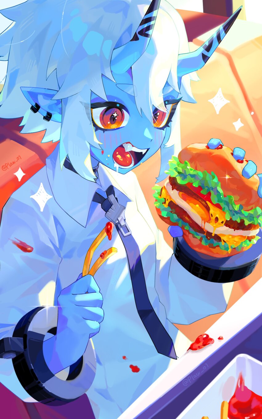 1girl absurdres black_necktie blue_skin blush booth_seating breasts burger cheese colored_skin commentary_request demon_girl demon_horns double-parted_bangs drooling ear_piercing eating eyelashes fangs fast_food food food_on_clothes food_on_face french_fries hair_between_eyes highres holding holding_burger holding_food horns ketchup lettuce long_sleeves looking_at_food mouth_drool n._(plaw_01) necktie open_mouth orange_eyes piercing pointy_ears short_hair sidelighting sidelocks simple_background sitting skin-covered_horns small_breasts solo soukaku_(zenless_zone_zero) sparkling_eyes table teeth tongue tray twitter_username upper_body white_background white_hair zenless_zone_zero