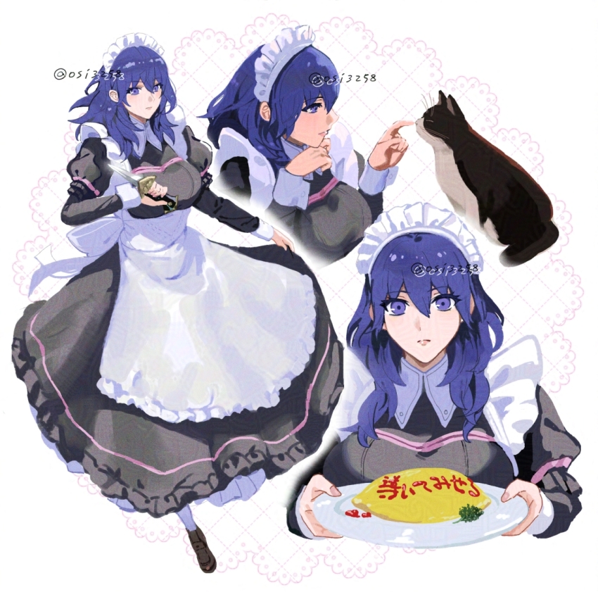 1girl alternate_costume apron black_dress blue_eyes blue_hair breasts broccoli cat clothes_lift commentary_request dress enmaided female_byleth_(fire_emblem) fire_emblem fire_emblem:_three_houses food food_writing frilled_apron frills full_body holding holding_knife holding_plate juliet_sleeves ketchup knife large_breasts long_hair long_sleeves looking_at_viewer maid maid_apron maid_headdress multiple_views nintendo omelet omurice parted_lips plate puffy_sleeves reverse_grip simple_background skirt skirt_lift translation_request twitter_username upper_body ushiomi waist_apron white_apron white_background wrist_cuffs