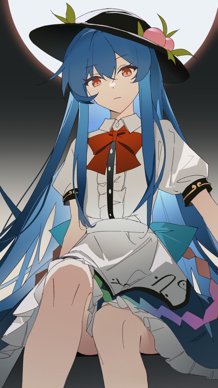 1girl apron black_hat blue_bow blue_hair blue_skirt bow bowtie buttons center_frills closed_mouth collared_shirt commentary feet_out_of_frame frilled_skirt frills gradient_background hat highres hinanawi_tenshi leaf long_hair looking_at_viewer peach_hat_ornament puffy_short_sleeves puffy_sleeves red_bow red_bowtie red_eyes shirt shirt_tucked_in short_sleeves sidelocks sitting skirt solo touhou very_long_hair white_apron white_shirt wing_collar wuliwuli909