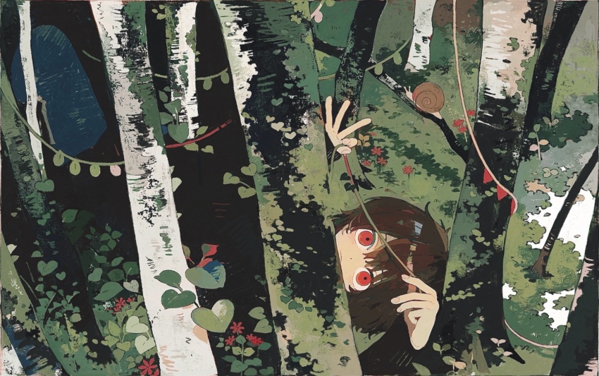 1girl black_hair branch closed_mouth flower forest highres holding holding_string ka_(996beshi) leaf moss nature original outdoors peeking_out plant red_eyes red_flower snail solo string tree