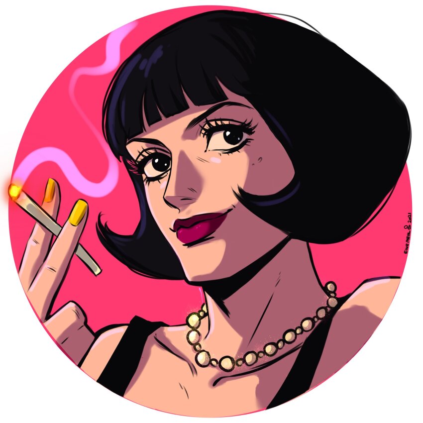 1girl black_eyes black_hair blunt_bangs cigarette close-up commentary ellie_mehl english_commentary eyelashes highres jewelry looking_to_the_side necklace one_piece pink_background shakuyaku_(one_piece) short_hair smoke solo yellow_nails