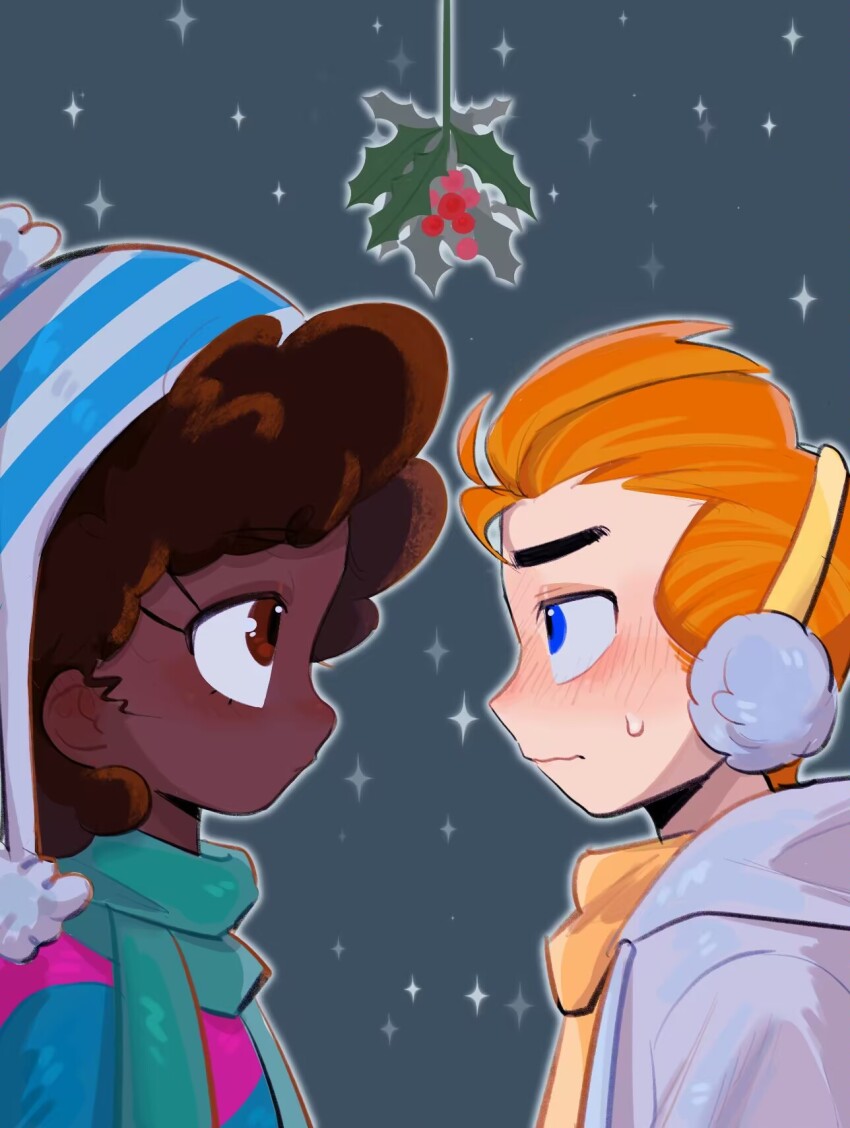 1boy 1girl blue_eyes blush brown_eyes brown_hair child christmas_ornaments curly_hair dark-skinned_female dark_skin dev_dimmadome earmuffs hat hazel_wells highres juaner_answer looking_at_another nervous orange_hair scarf sweatdrop the_fairly_oddparents the_fairly_oddparents:_a_new_wish