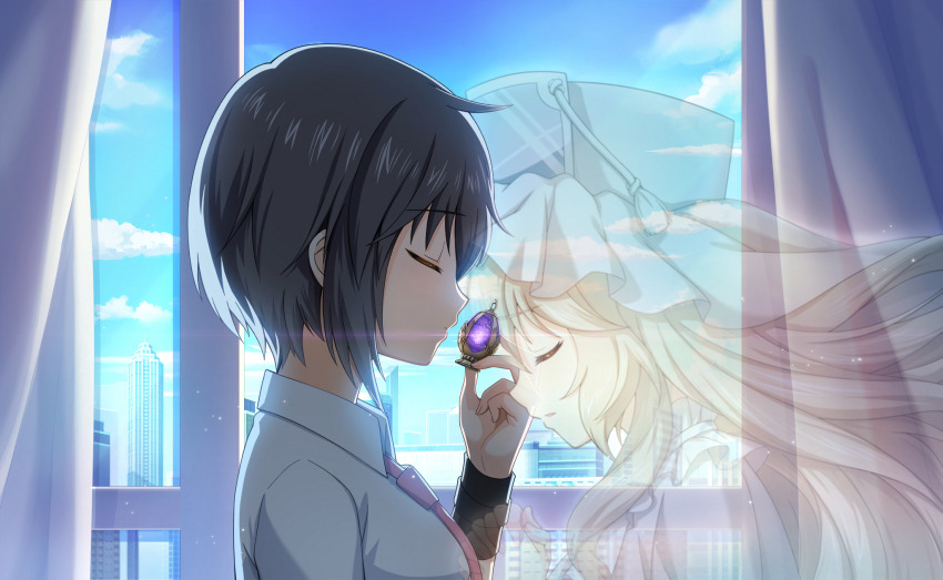 2girls artist_request black_hair blonde_hair blue_sky closed_eyes cloud collared_dress collared_shirt curtains dress expressionless face-to-face fingernails floating_hair frilled_dress frilled_headwear frills from_side game_cg gem ghost hat heads_together highres holding holding_gem indoors kure_kirika light_particles long_hair long_sleeves magical_girl mahou_shoujo_madoka_magica mahou_shoujo_madoka_magica_magia_exedra mahou_shoujo_oriko_magica mikuni_oriko multiple_girls necktie official_art parted_lips pink_necktie pointy_nose purple_gemstone shako_cap shirt short_hair short_sleeves sidelocks sky skyline soul_gem upper_body veil very_long_hair white_dress white_hat white_shirt white_veil window wristband