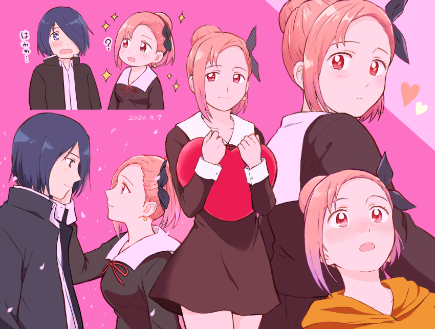1boy 1girl black_dress blue_eyes blue_hair blush bow dress earrings gakuran hair_bow hair_bun hair_over_one_eye hand_on_another&#039;s_cheek hand_on_another&#039;s_face heart ishigami_yuu jewelry kaguya-sama_wa_kokurasetai_~tensai-tachi_no_renai_zunousen~ koyasu_tsubame open_mouth petals pink_background pink_eyes red_hair school_uniform shuuchiin_academy_school_uniform single_earring single_hair_bun smile sparkle takeshi_(mononohu20) translation_request