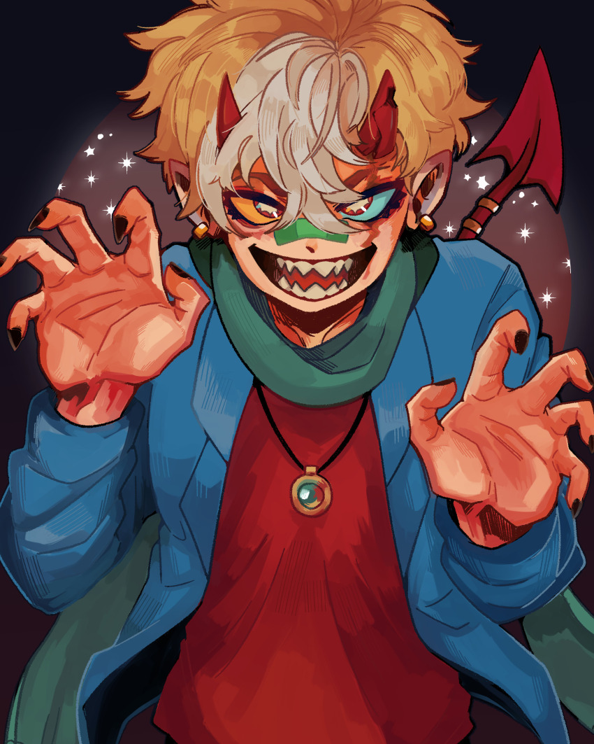 1boy absurdres alternate_costume alternate_eye_color alternate_species animification aqua_sclera bandaid bandaid_on_face bandaid_on_nose black_nails blonde_hair blue_jacket claw_pose colored_sclera commentary commission demon_boy demon_horns demon_tail dream_smp earrings english_commentary green_scarf highres horns jacket jewelry looking_at_viewer male_focus minecraft_youtube mismatched_sclera multicolored_hair necklace open_clothes open_jacket open_mouth pendant pointy_ears rahafwabas red_eyes red_shirt scar scar_across_eye scar_on_face scarf sharp_teeth shirt short_hair smile solo sparkle streaked_hair tail tail_ornament tail_ring teeth tommyinnit v-shaped_eyes white_hair yellow_sclera