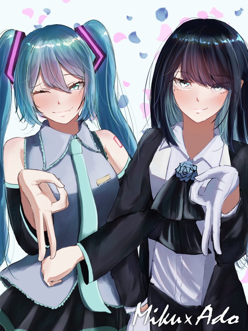 2girls ado_(utaite) aqua_hair aqua_necktie ascot black_ascot black_coat black_hair black_skirt blue_eyes blue_flower blue_hair blue_rose blush chando_(ado) character_name closed_mouth coat collared_shirt colored_inner_hair commentary cowboy_shot detached_sleeves dress_shirt falling_petals fang flower flower_brooch gloves grey_shirt gyaru_v hashtag-only_commentary hatsune_miku highres locked_arms long_hair mole mole_under_eye multicolored_hair multiple_girls necktie one_eye_closed open_clothes open_coat petals rose shirt simple_background skirt sleeveless sleeveless_shirt tanake_(tanakei_ado) twintails utaite v vocaloid white_background white_gloves white_shirt