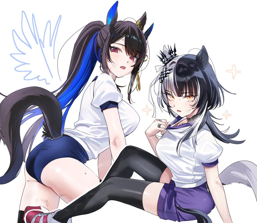 2girls absurdres alternate_costume ass black_choker black_hair black_thighhighs bloomers blue_bloomers blue_hair breasts choker clothing_cutout colored_inner_hair drawn_wings flower_knot grey_hair gym_uniform hair_ornament highres hololive hololive_english horse horse_girl horse_tail jewelry large_breasts long_hair looking_at_viewer mole mole_under_eye multicolored_hair multiple_girls multiple_rings nerissa_ravencroft open_mouth ponytail purple_eyes purple_shorts ring shiori_novella shirt shoes short_shorts shorts sidelocks simple_background slit_pupils sneakers split-color_hair straight_hair sweat t-shirt tail tail_through_clothes tassel tassel_hair_ornament thighhighs umamusume underwear very_long_hair virtual_youtuber white_background white_shirt yellow_eyes yomosaka