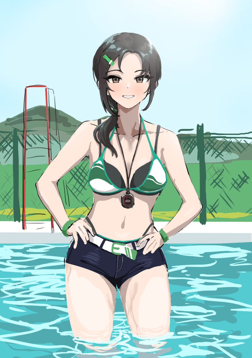 1girl absurdres aoki_kei belt bikini black_hair blue_shorts chain-link_fence collarbone denim denim_shorts fence green_bikini grin hands_on_own_hips highres idolmaster idolmaster_cinderella_girls looking_at_viewer micro_shorts navel outdoors pool shorts side_ponytail sketch smile solo stopwatch stopwatch_around_neck swimsuit trainer_(idolmaster) ushimochi wading watch