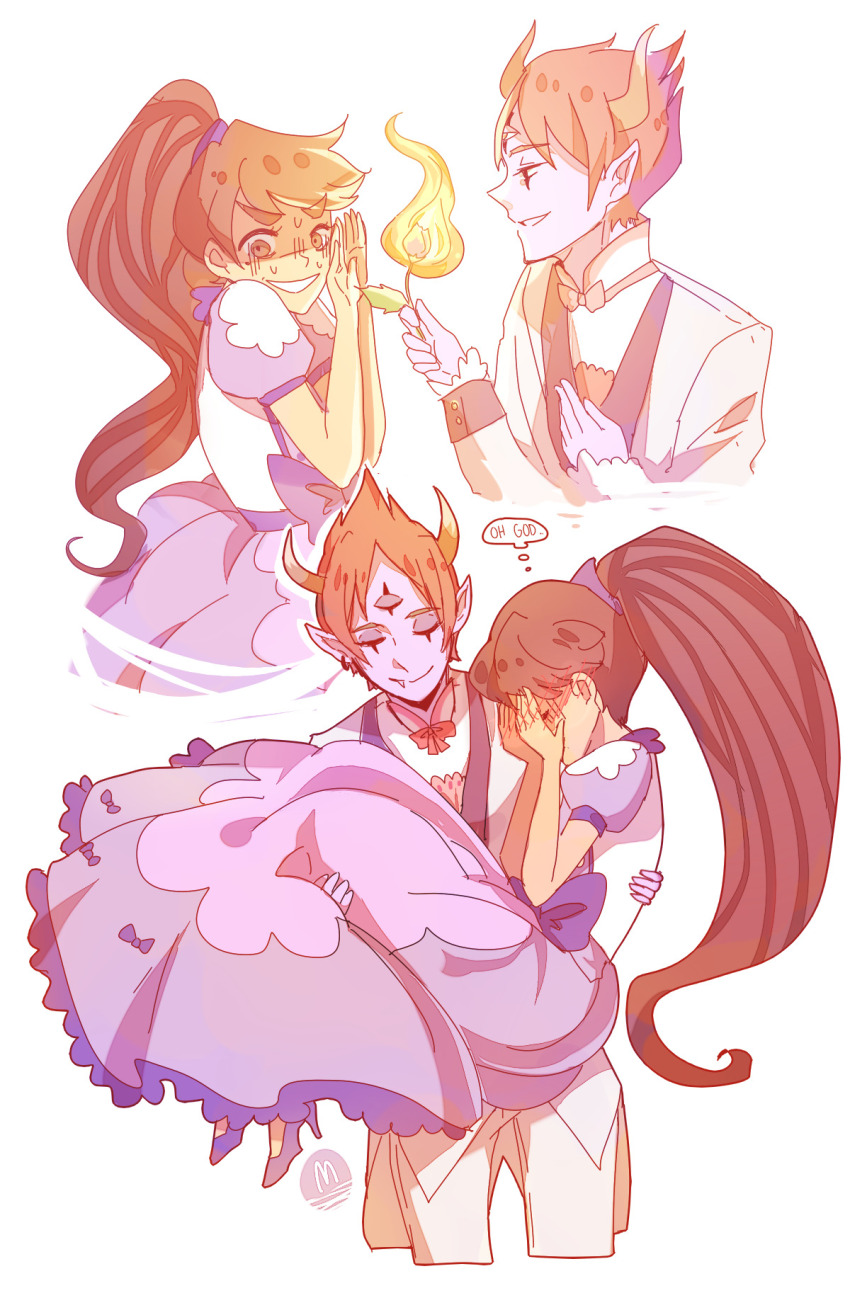 2boys bad_id bad_tumblr_id black_eyes blush bow bowtie brown_eyes brown_hair carrying closed_eyes colored_skin commentary covering_face cropped_legs cropped_torso crossdressing crossdressing_(mtf) demon_boy demon_horns dress earrings embarrassed english_commentary english_text extra_eyes eyeliner fang fire flirting flower formal_clothes frilled_dress frilled_sleeves frills gown grey_skin grin hand_on_own_chest hand_up hands_up high_heels high_ponytail highres holding holding_flower hoop_earrings horns jacket jewelry lapels long_hair looking_at_another makeup marco_diaz moiiemoi mole mole_under_eye multiple_boys nervous_smile nervous_sweating official_alternate_costume official_alternate_hair_length official_alternate_hairstyle orange_hair pants parted_bangs pointy_ears ponytail popped_collar princess_carry princess_marco_turdina puffy_short_sleeves puffy_sleeves purple_bow purple_dress purple_shoes red_bow red_bowtie rejection shaded_face shawl_lapels shoes short_hair short_sleeves signature simple_background sleeve_cuffs smile speech_bubble spiked_hair star_vs_the_forces_of_evil suit sweat swept_bangs tailcoat thought_bubble tom_lucitor trap v-shaped_eyebrows wavy_hair white_background white_jacket white_pants wide-eyed yaoi