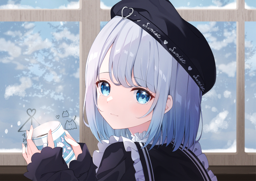 1girl :3 absurdres ai_ai_gasa beret black_hat blue_eyes collar cup drink frilled_collar frills gradient_hair grey_hair hat highres holding holding_cup kaga_sumire kaga_sumire_(7th_costume) looking_at_viewer looking_back medium_hair mug multicolored_hair parted_bangs portrait sailor_collar shinshia_(sinsia_0928) sleeves_past_wrists snow solo virtual_youtuber vspo! window