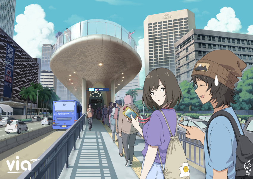 6+boys 6+girls aldo_(yudhacakranidji) backpack bag black_hair blue_hat blue_pants blue_shirt blue_sky building bus car city cityscape closed_eyes cloud day hat highres indonesia looking_at_another looking_back motor_vehicle multiple_boys multiple_girls nayla_(yudhacakranidji) original outdoors pants purple_shirt queue road shadow shirt short_hair sky skyscraper standing sweatdrop traffic transjakarta yudhacakranidji