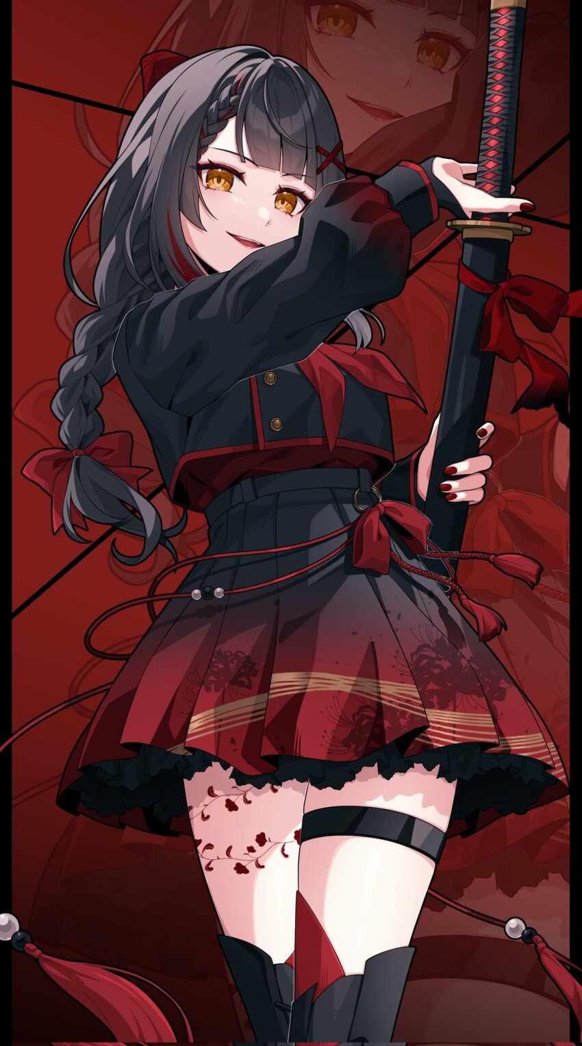 1girl black_hair black_shirt bow braid choker highres holding holding_sword holding_weapon katana leg_tattoo long_hair long_sleeves neckerchief original pochimaru_(marumaru_wanwan) red_background red_bow red_choker red_nails red_neckerchief red_ribbon red_skirt ribbon shirt skirt solo sword tassel tattoo thigh_strap weapon yellow_eyes zoom_layer