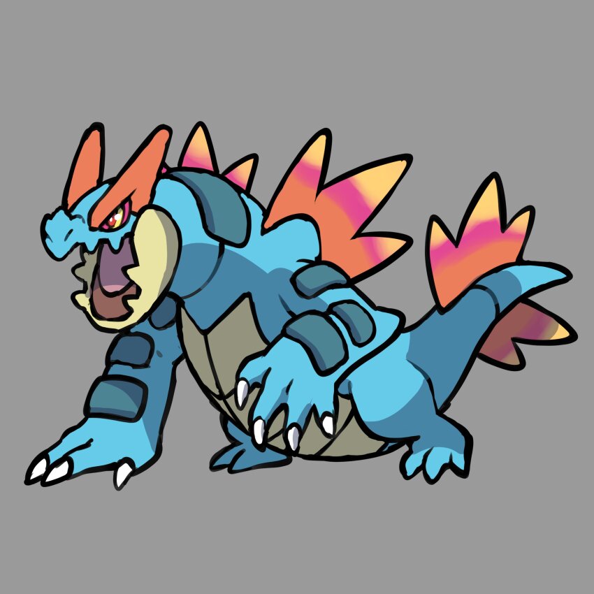 absurdres animal_focus claws colored_sclera commentary english_commentary fakemon feraligatr full_body gen_2_pokemon grey_background highres nintendo no_humans open_mouth original pokemon pokemon_(creature) pokemon_focus red_eyes rgreywind simple_background v-shaped_eyes yellow_sclera