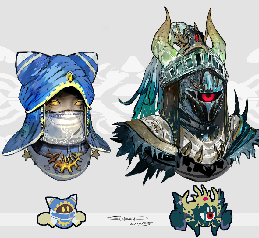 2025 2boys absurdres armor artist_name blue_veil covered_mouth dated highres horns humanization kirby&#039;s_return_to_dream_land kirby_(series) magolor magolor_soul multiple_boys nintendo one-eyed red_eyes star_(symbol) sukepmonster upper_body veil white_background yellow_eyes