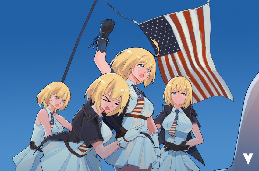 &gt;_&lt; 2024_attempted_assassination_of_donald_trump 4girls absurdres ahoge american_flag american_flag_neckwear american_flag_print arm_up bare_shoulders belt blonde_hair blue_eyes blue_sky breasts brown_belt clear_sky clone closed_mouth collared_shirt cowboy_shot donald_trump flag flag_print girls&#039;_frontline gloves highres large_breasts logo m1911_(girls&#039;_frontline) meme multiple_girls necktie open_mouth photo-referenced pleated_skirt pole print_necktie shirt short_hair skirt sky sleeveless variasii