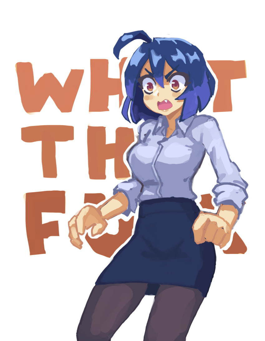 1girl absurdres ahoge black_skirt blue_hair breasts brown_pantyhose collared_shirt fang grey_shirt hcnone highres large_breasts long_sleeves office_lady open_mouth original pantyhose pencil_skirt pink_eyes shirt short_hair skirt skye_(hcnone)