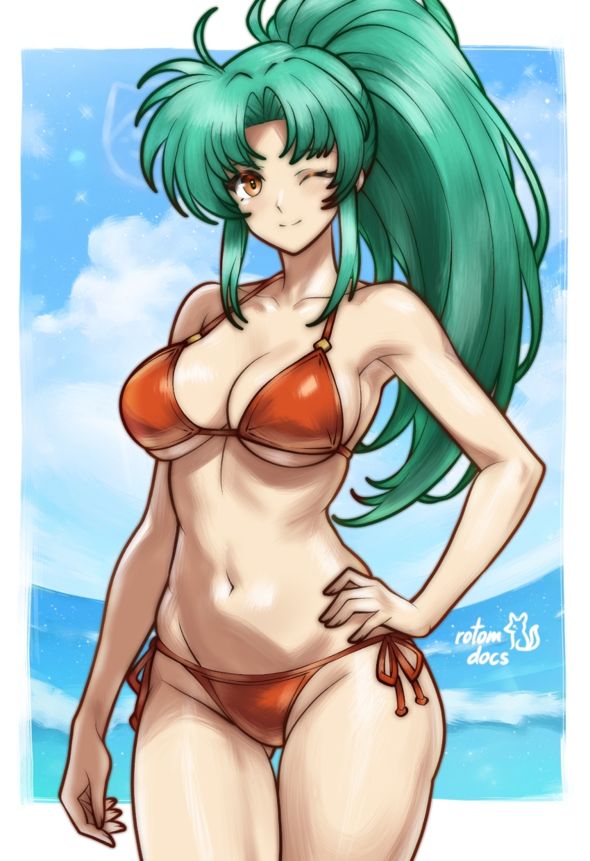 1girl angelina_(langrisser) armpits artist_logo artist_name bikini breasts cleavage closed_mouth commission eyebrows_hidden_by_hair gluteal_fold green_hair groin highres langrisser langrisser_iv large_breasts logo long_hair looking_at_viewer ocean one_eye_closed orange_bikini orange_eyes ponytail rotomdocs shadow smile solo swimsuit