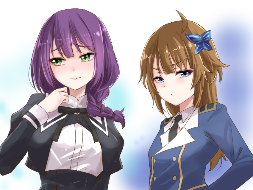 2girls :/ ahoge alternate_hairstyle arm_at_side assault_lily averting_eyes black_necktie black_skirt blue_background blue_eyes blue_jacket blunt_bangs blush body_switch braid braided_ponytail breasts brown_hair butterfly_hair_ornament buttons closed_mouth commentary commission cosplay costume_switch cropped_jacket frown funada_kiito funada_kiito_(cosplay) futagawa_fumi futagawa_fumi_(cosplay) gradient_background green_eyes hair_ornament hair_over_shoulder hairstyle_switch hand_on_own_hip hand_up high-waist_skirt highres jacket juliet_sleeves large_breasts long_hair long_sleeves looking_at_viewer looking_to_the_side low_ponytail multiple_girls neck_ribbon necktie nose_blush personality_switch pixiv_commission ponytail puffy_sleeves purple_hair raised_eyebrows ribbon school_uniform shirt sideways_glance single_braid skirt upper_body urutsu_sahari v-shaped_eyebrows white_background white_shirt yurigaoka_girls_academy_school_uniform