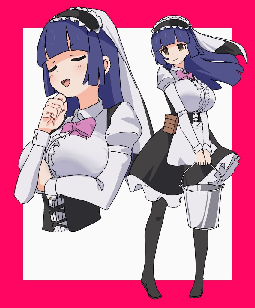1girl :d bad_id bad_twitter_id black_corset black_pantyhose black_skirt blue_hair blunt_bangs blunt_ends blunt_sidelocks border bow bowtie breasts bucket center_frills character_request closed_eyes collared_shirt commission copyright_request corset cropped_torso cross-laced_clothes cross-laced_corset frilled_hairband frilled_skirt frills full_body hairband hand_up highres hime_cut holding holding_bucket juliet_sleeves large_breasts layered_skirt long_hair long_sleeves multiple_views no_shoes open_mouth osakana_(kitasisn) pantyhose pink_bow pink_bowtie pouch puffy_sleeves shirt sidelocks skeb_commission skirt sleeve_cuffs smile standing u_u veil white_shirt white_veil yellow_eyes