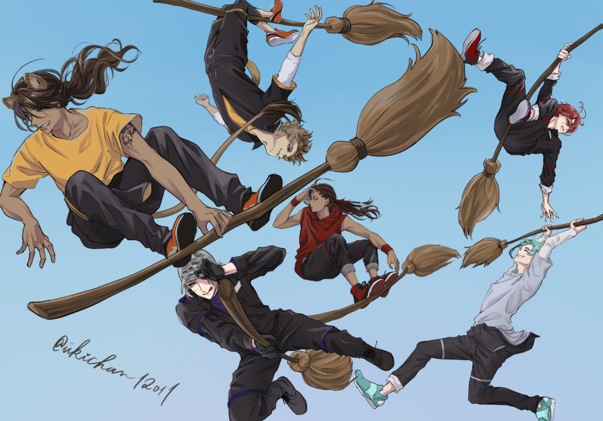 6+boys animal_ears blue_background blue_hair broom broom_riding brown_hair commentary_request flying green_eyes highres hyena_boy hyena_ears jamil_viper leona_kingscholar lion_boy lion_ears lion_tail long_hair male_focus midair multiple_boys night_raven_college_gym_uniform ponytail red_hair riddle_rosehearts rook_hunt ruggie_bucchi shirt simple_background tail twisted_wonderland ukichan12011 yellow_shirt