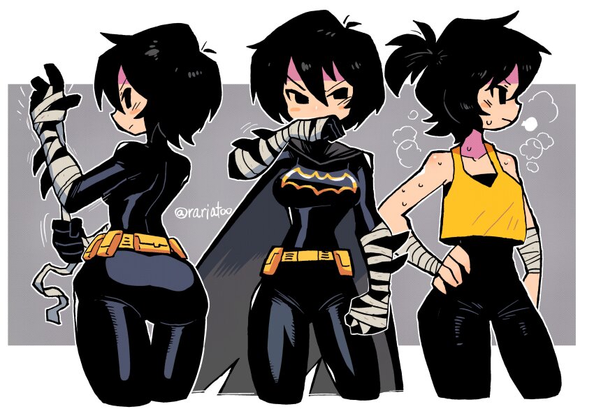1girl absurdres ass bandaged_wrists batgirl batman_(series) belt black_bodysuit black_hair bodysuit breasts cassandra_cain dc_comics hand_on_own_hip highres looking_at_viewer medium_breasts mixed-language_commentary multiple_views ponytail rariatto_(ganguri) short_hair short_ponytail standing superhero_costume tank_top utility_belt yellow_tank_top