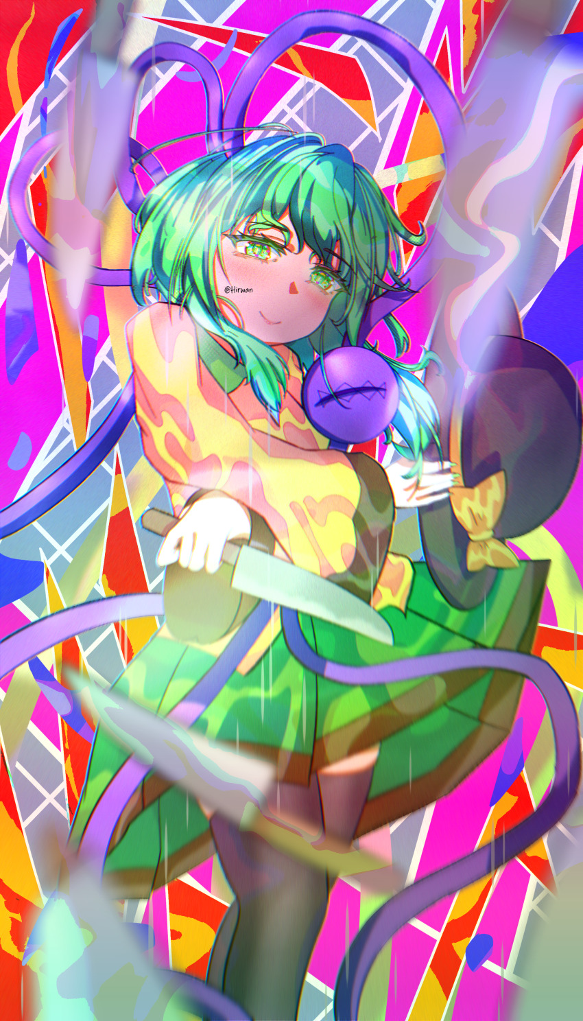 absurdres green_eyes green_skirt grey_hair grey_pantyhose highres hirwannew holding holding_knife kitchen_knife knife komeiji_koishi non-web_source pantyhose shirt skirt touhou yellow_shirt