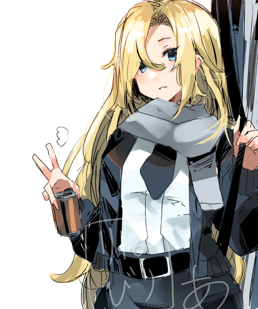 1girl belt belt_buckle black_belt black_necktie black_skirt blonde_hair blue_eyes bomber_jacket buckle can canned_coffee commentary_request dress_shirt drink_can grey_scarf hair_between_eyes highres hornet_(kancolle) jacket kantai_collection long_hair necktie scarf shirt simple_background skirt solo sunday_aki watermark weapon_case white_background white_shirt