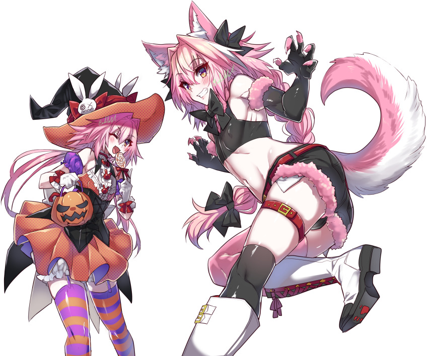 2boys animal_ear_fluff animal_ears arm_scrunchie astolfo_(fate) astolfo_(saber)_(fate) asymmetrical_legwear bare_shoulders belt black_bow black_bowtie black_corset black_panties black_shirt black_shorts bow bowtie braid bulge candy collar corset covered_erect_nipples cowboy_shot crop_top cross-laced_footwear crossdressing denim denim_shorts dress dual_persona fake_claws fang fate/apocrypha fate/grand_order fate_(series) feet_out_of_frame food fox_boy fox_ears fox_tail frilled_collar frills fur-trimmed_gloves fur-trimmed_shorts fur_trim gloves grin hair_between_eyes hair_bow hair_intakes halloween halloween_bucket halloween_costume haoro hat hat_ornament hat_ribbon highres holding holding_candy holding_food holding_lollipop lollipop long_braid long_hair low_twintails male_focus midriff mismatched_legwear multicolored_hair multiple_boys navel one_eye_closed open_mouth orange_dress orange_eyes panties pink_claws pink_hair pink_thighhighs purple_eyes purple_garter_straps rabbit_hat_ornament red_belt ribbon shirt short_shorts shorts signature simple_background single_braid skin_fang sleeveless sleeveless_dress sleeveless_shirt smile streaked_hair striped_clothes striped_thighhighs swirl swirl_lollipop tail thigh_belt thigh_strap thighhighs thighs trap twintails two-sided_fabric two-sided_headwear two-sided_skirt two-tone_hair two-tone_legwear two-tone_thighhighs underwear very_long_hair white_background white_footwear white_hair witch_hat