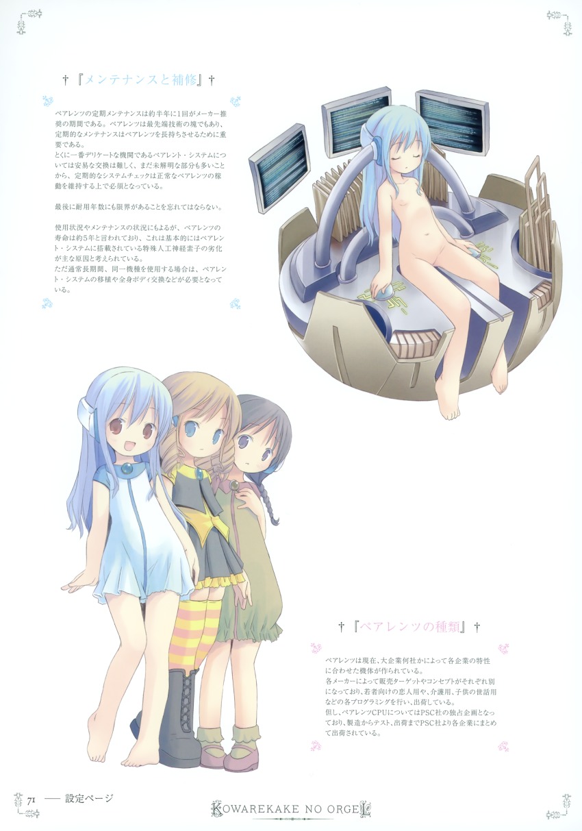 00s absurdres blue_eyes blue_hair brown_eyes closed_eyes eyebrows flower full_body highres kowarekake_no_orgel loli navel nude pop text_focus toes