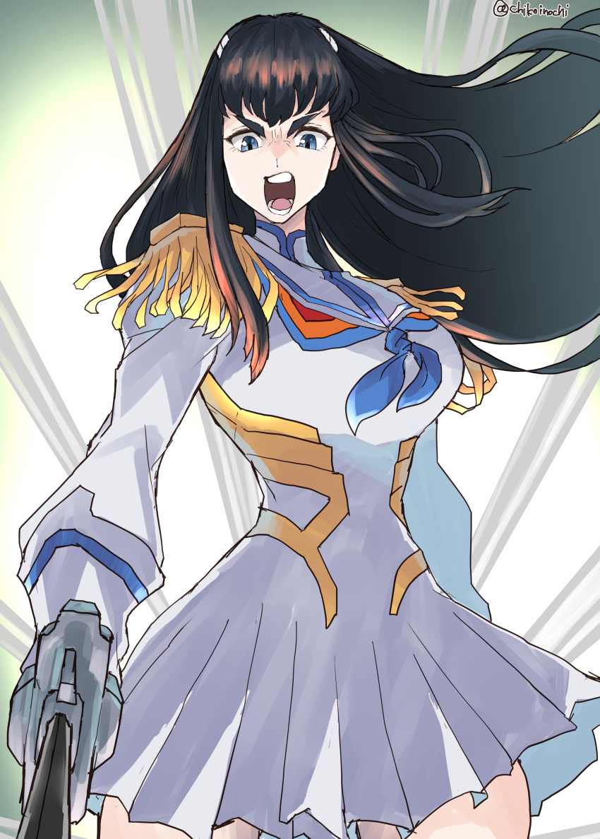 1girl absurdres black_hair blue_eyes breasts chikoinochi cowboy_shot derivative_work dress epaulettes floating_hair highres holding holding_sword holding_weapon junketsu kill_la_kill kiryuuin_satsuki large_breasts long_hair long_sleeves military_uniform open_mouth screaming screenshot_redraw serious sidelocks solo source_quote_parody sword teeth tongue translated twitter_username weapon white_dress white_sleeves