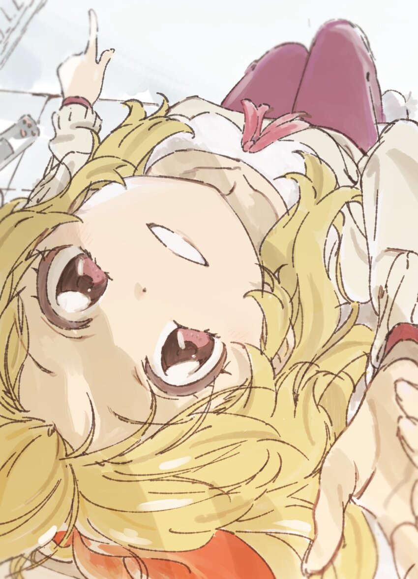 1girl aikatsu! aikatsu!_(series) blonde_hair bow controller couch dot_nose from_above grin hair_bow highres hoshimiya_ichigo indoors legs_together long_hair long_sleeves looking_at_viewer looking_up on_couch pants pov red_bow red_eyes red_pants remote_control saitou_atsushi_(kamatamanankotu) sitting smile solo straight_hair