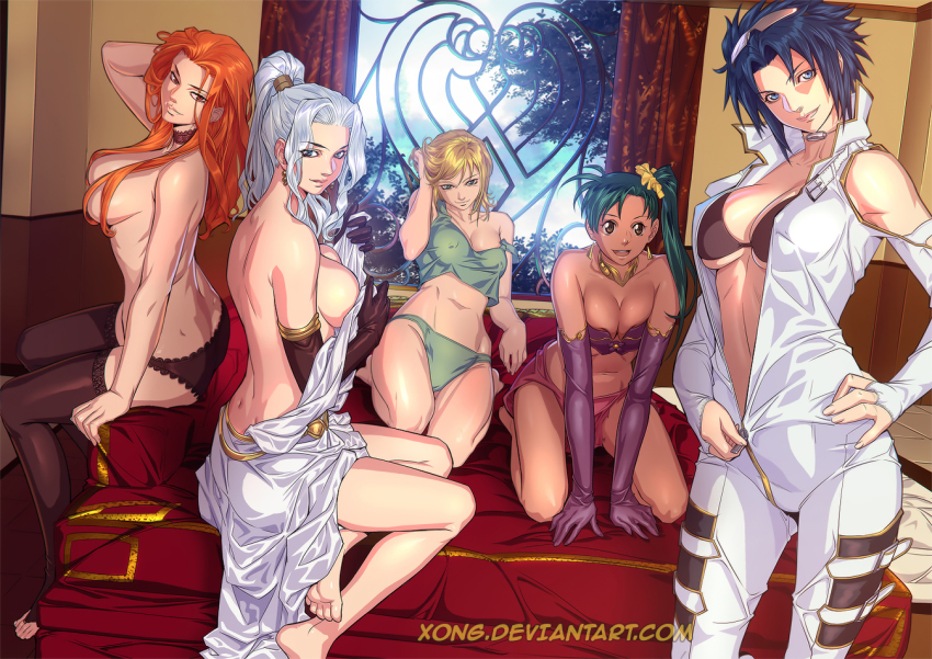 5girls aya_brea bare_shoulders black_legwear black_panties blonde_hair blue_eyes blue_hair breasts bridal_gauntlets brown_eyes choker cleavage collar collarbone commission covered_erect_nipples deviantart_username earrings elbow_gloves eyewear_on_head gensou_suikoden gloves green_hair green_panties grey_eyes grey_hair hair_censor hair_ornament hair_over_breasts hair_scrunchie harem high_ponytail jean_(lunar) jeane_(suikoden) jewelry jumpsuit large_breasts loincloth long_hair lunar lunar_2:_eternal_blue midriff multiple_girls navel no_bra open_clothes orange_eyes orange_hair ozma_mow_gracious panties parasite_eve_(series) parasite_eve_i ponytail scrunchie short_hair side_ponytail side_slit sitting smile super_robot_wars super_robot_wars_original_generation tactics_ogre thighhighs toeless_legwear underwear very_long_hair viletta_badam xong